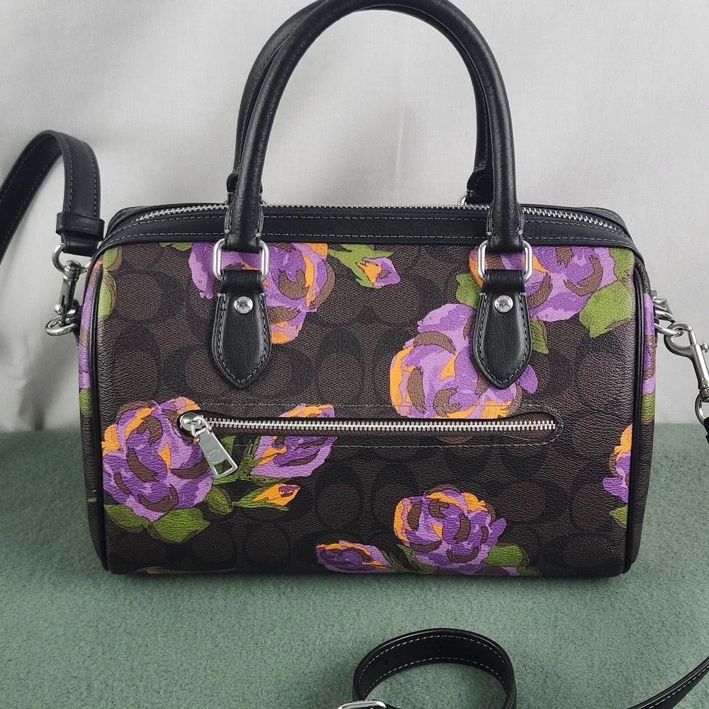 Coach Rowan Satchel Crossbody Bag Leather Rose Floral Print & Medium Wallet